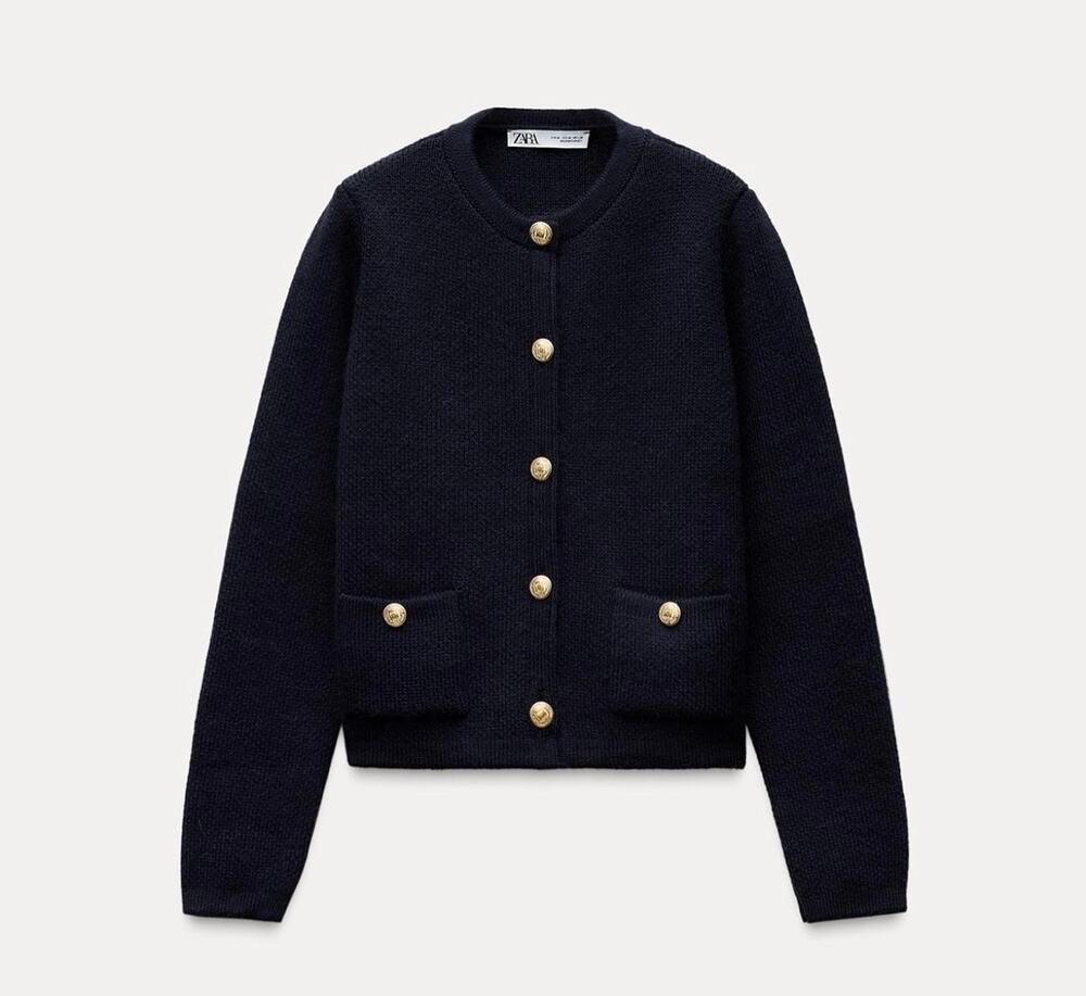 Zara NWT Knit Button Up Sweater Cardigan Navy Blue Gold Buttons Sz M
